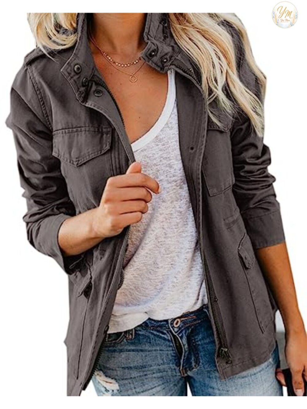 Soulomelody Military Anorak Jacket Zip Up Snap Button Utility Coat